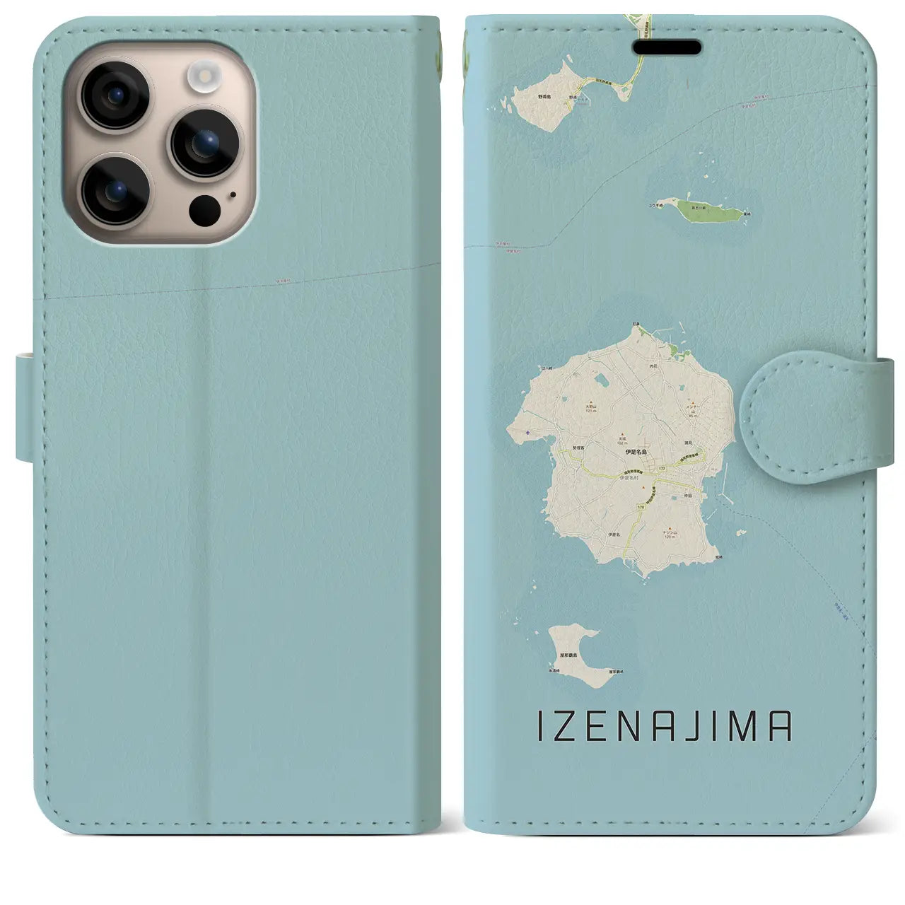 【伊是名島(沖縄県)】地図柄iPhoneケース(手帳タイプ)ナチュラル・iPhone 16 Plus 用