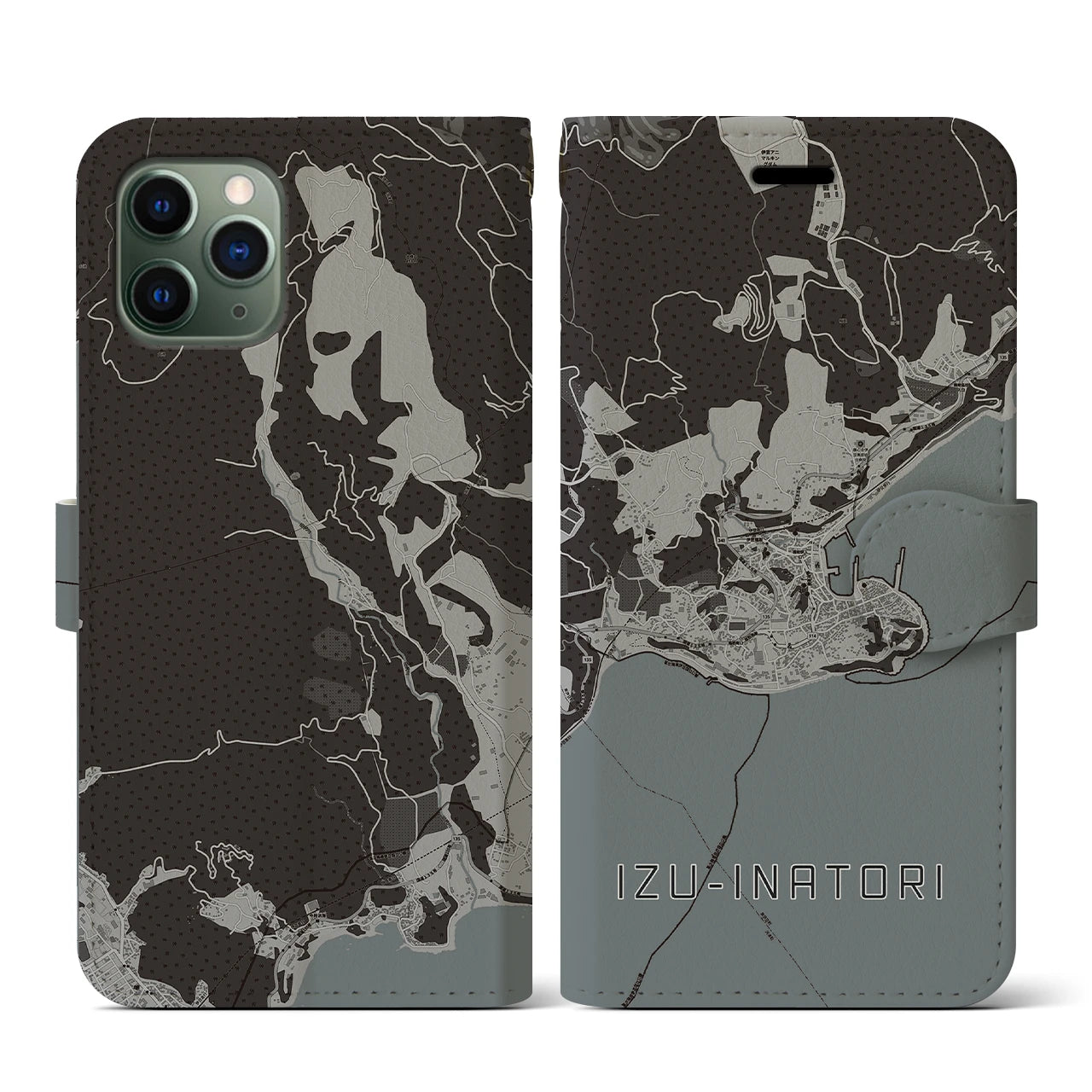 【伊豆稲取(静岡県)】地図柄iPhoneケース(手帳タイプ)モノトーン・iPhone 11 Pro 用