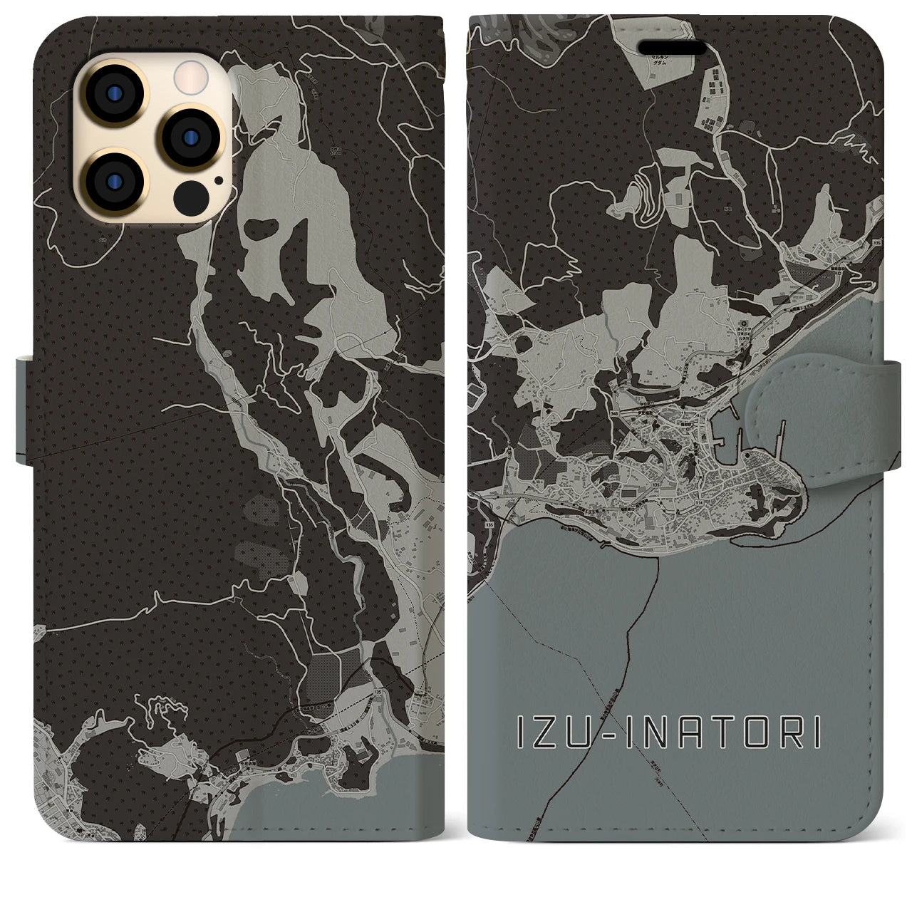 【伊豆稲取(静岡県)】地図柄iPhoneケース(手帳タイプ)モノトーン・iPhone 12 Pro Max 用