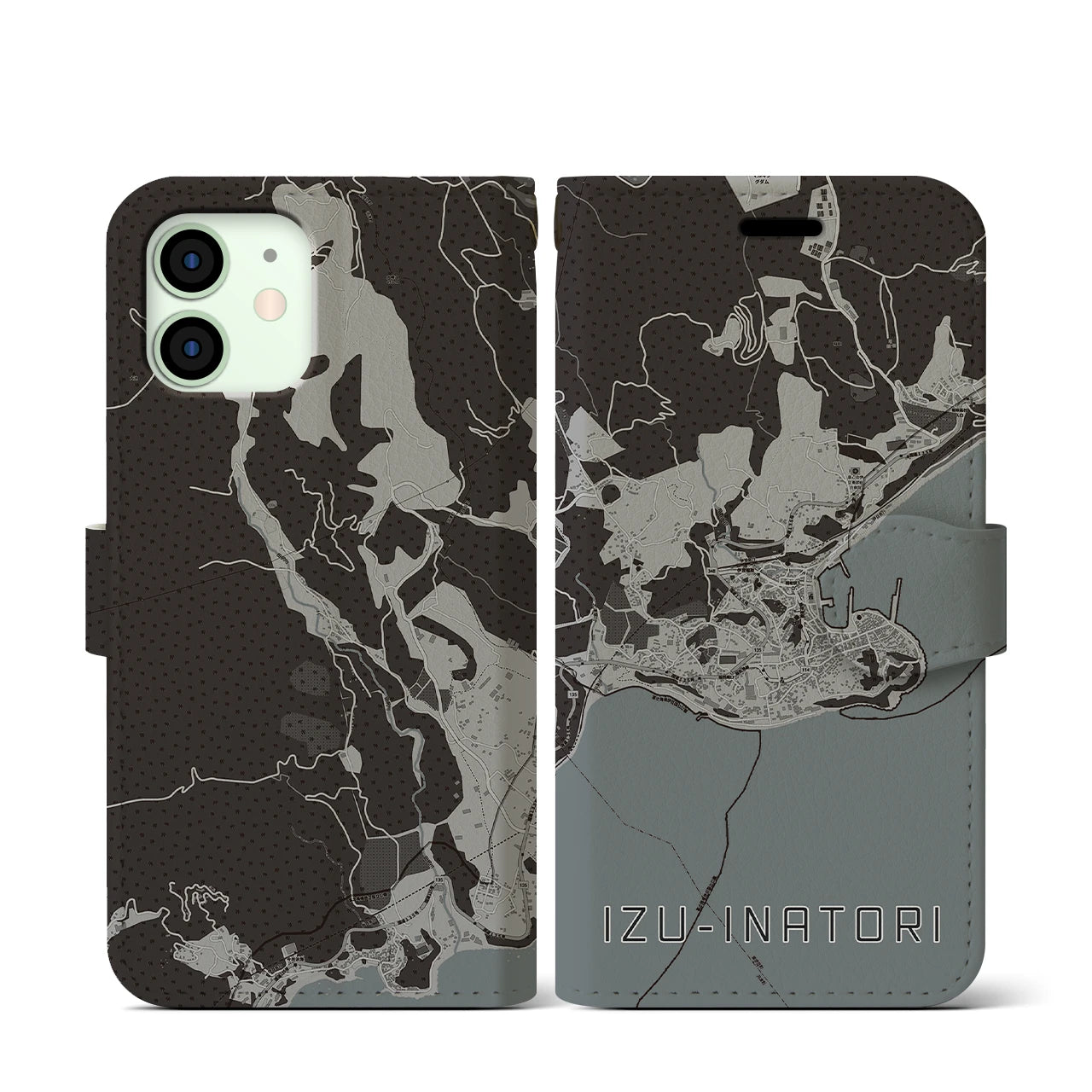 【伊豆稲取(静岡県)】地図柄iPhoneケース(手帳タイプ)モノトーン・iPhone 12 mini 用