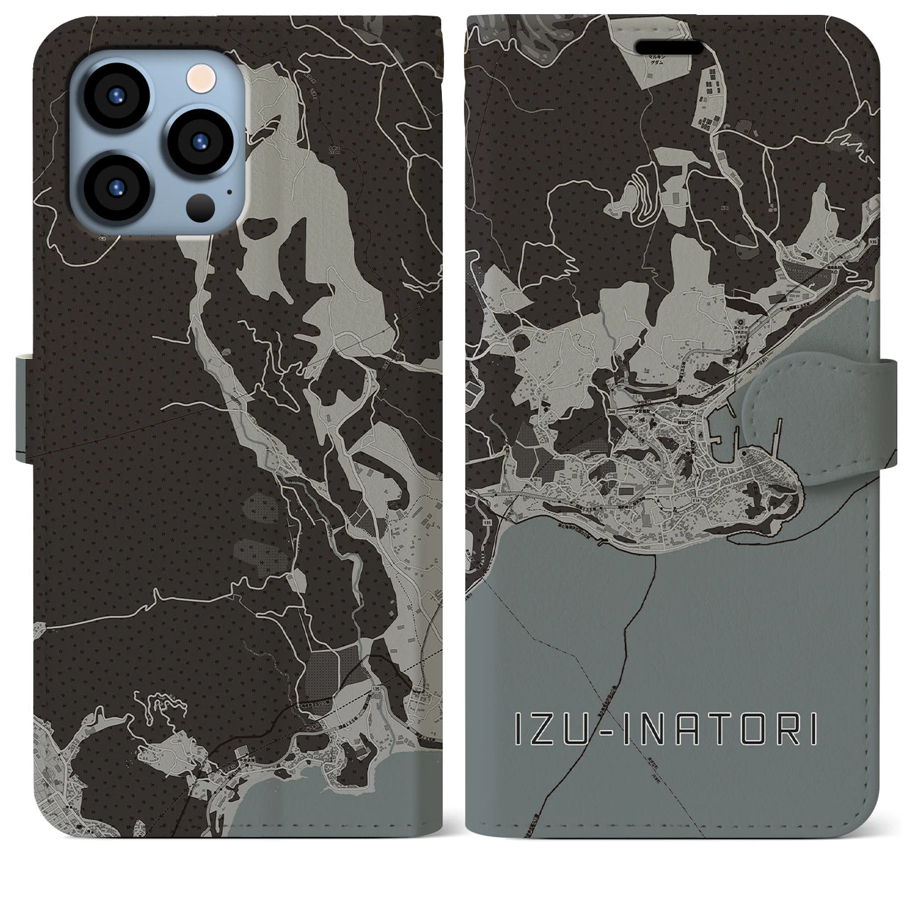 【伊豆稲取(静岡県)】地図柄iPhoneケース(手帳タイプ)モノトーン・iPhone 13 Pro Max 用