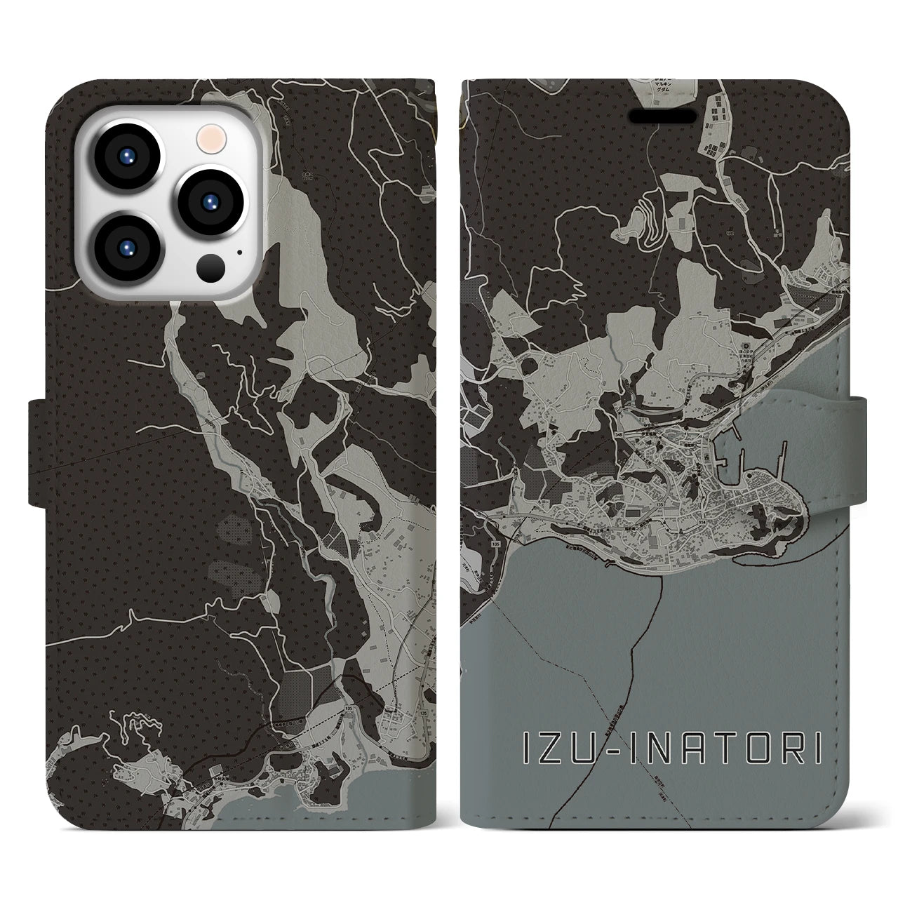 【伊豆稲取(静岡県)】地図柄iPhoneケース(手帳タイプ)モノトーン・iPhone 13 Pro 用
