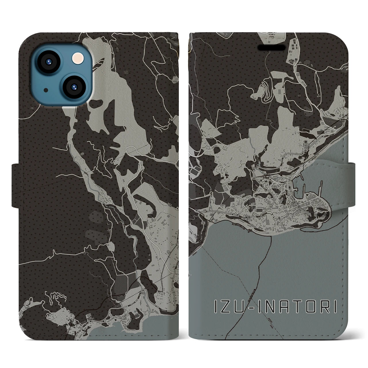 【伊豆稲取(静岡県)】地図柄iPhoneケース(手帳タイプ)モノトーン・iPhone 13 用