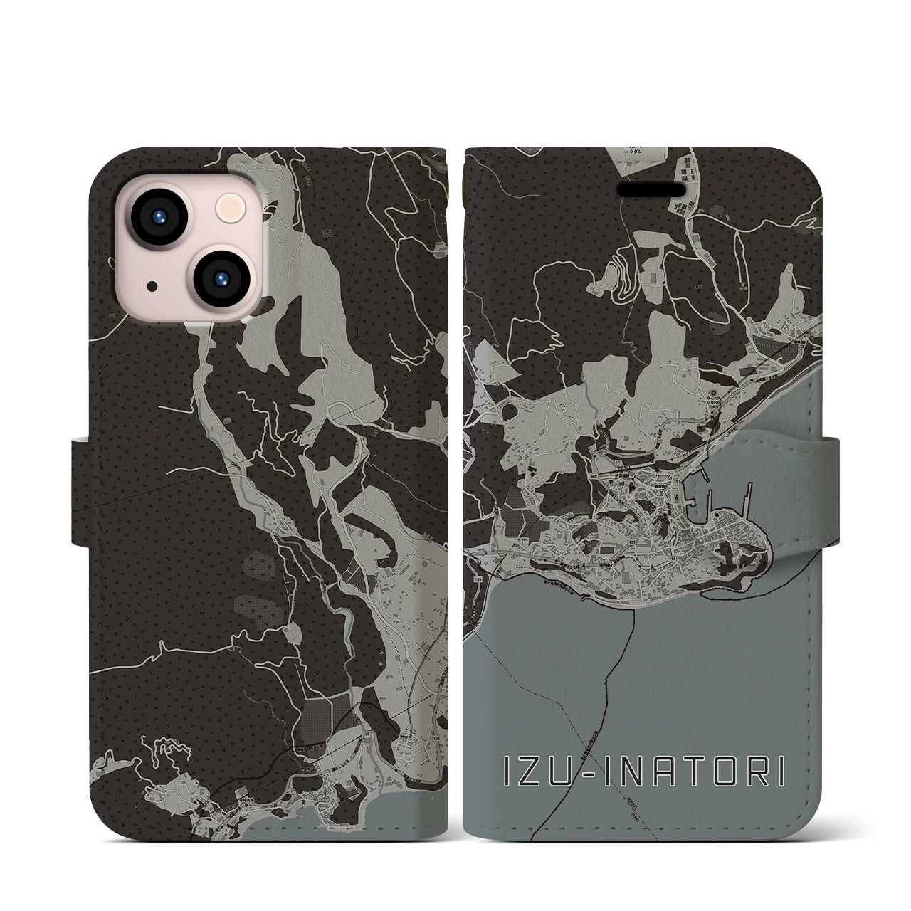 【伊豆稲取(静岡県)】地図柄iPhoneケース(手帳タイプ)モノトーン・iPhone 13 mini 用