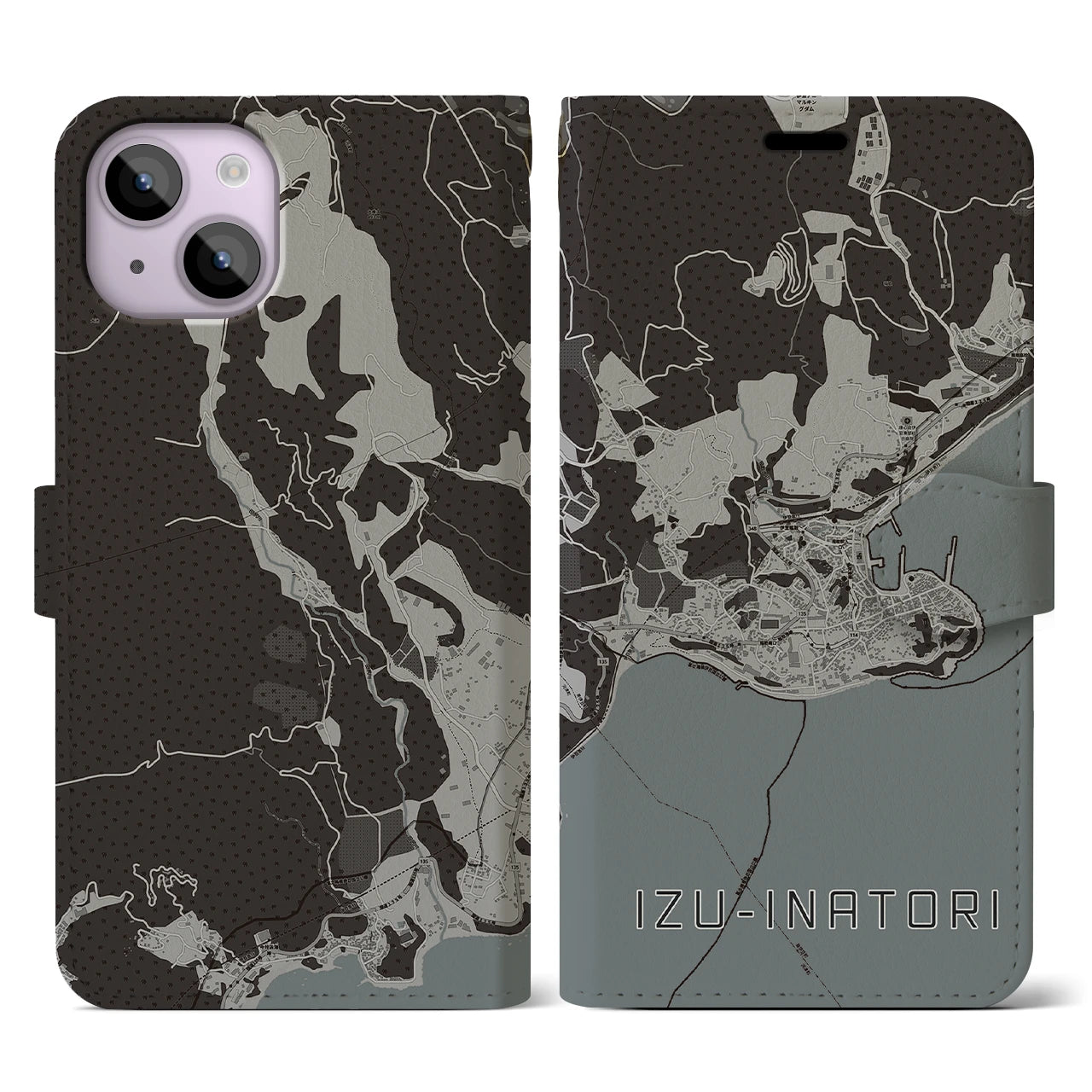 【伊豆稲取(静岡県)】地図柄iPhoneケース(手帳タイプ)モノトーン・iPhone 14 用