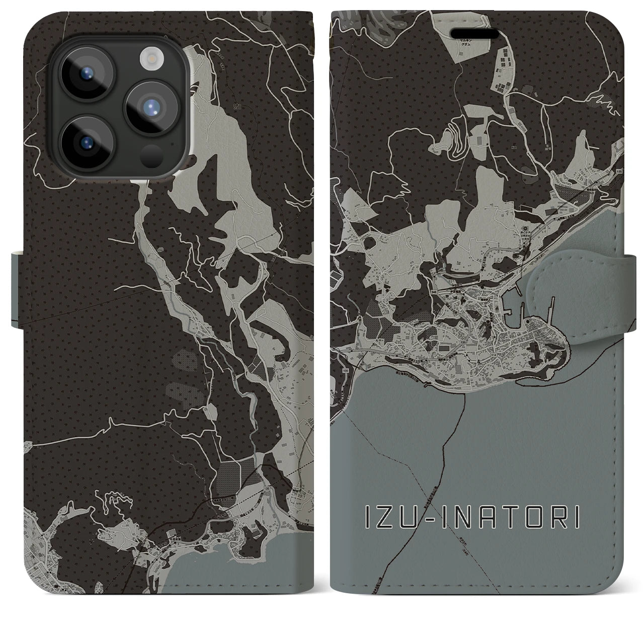 【伊豆稲取(静岡県)】地図柄iPhoneケース(手帳タイプ)モノトーン・iPhone 15 Pro Max 用