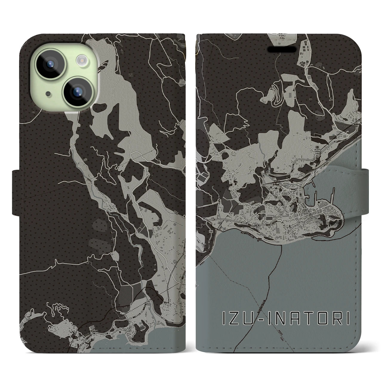 【伊豆稲取(静岡県)】地図柄iPhoneケース(手帳タイプ)モノトーン・iPhone 15 用