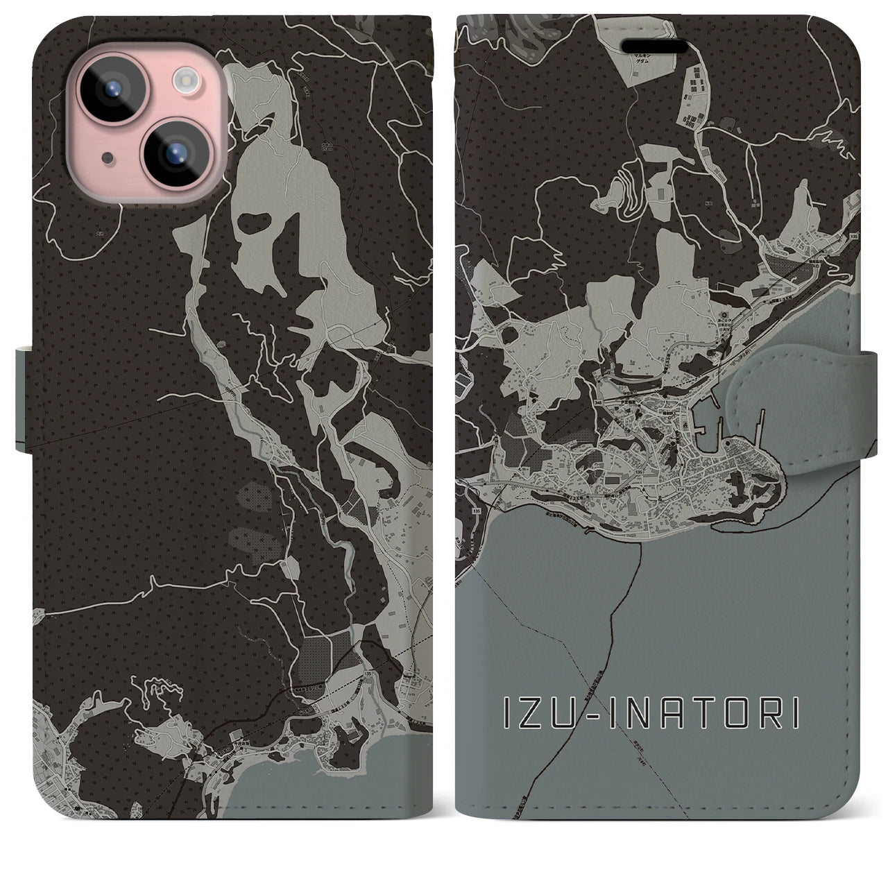 【伊豆稲取(静岡県)】地図柄iPhoneケース(手帳タイプ)モノトーン・iPhone 15 Plus 用