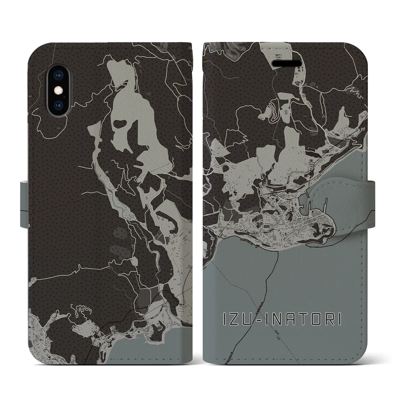 【伊豆稲取(静岡県)】地図柄iPhoneケース(手帳タイプ)モノトーン・iPhone XS / X 用