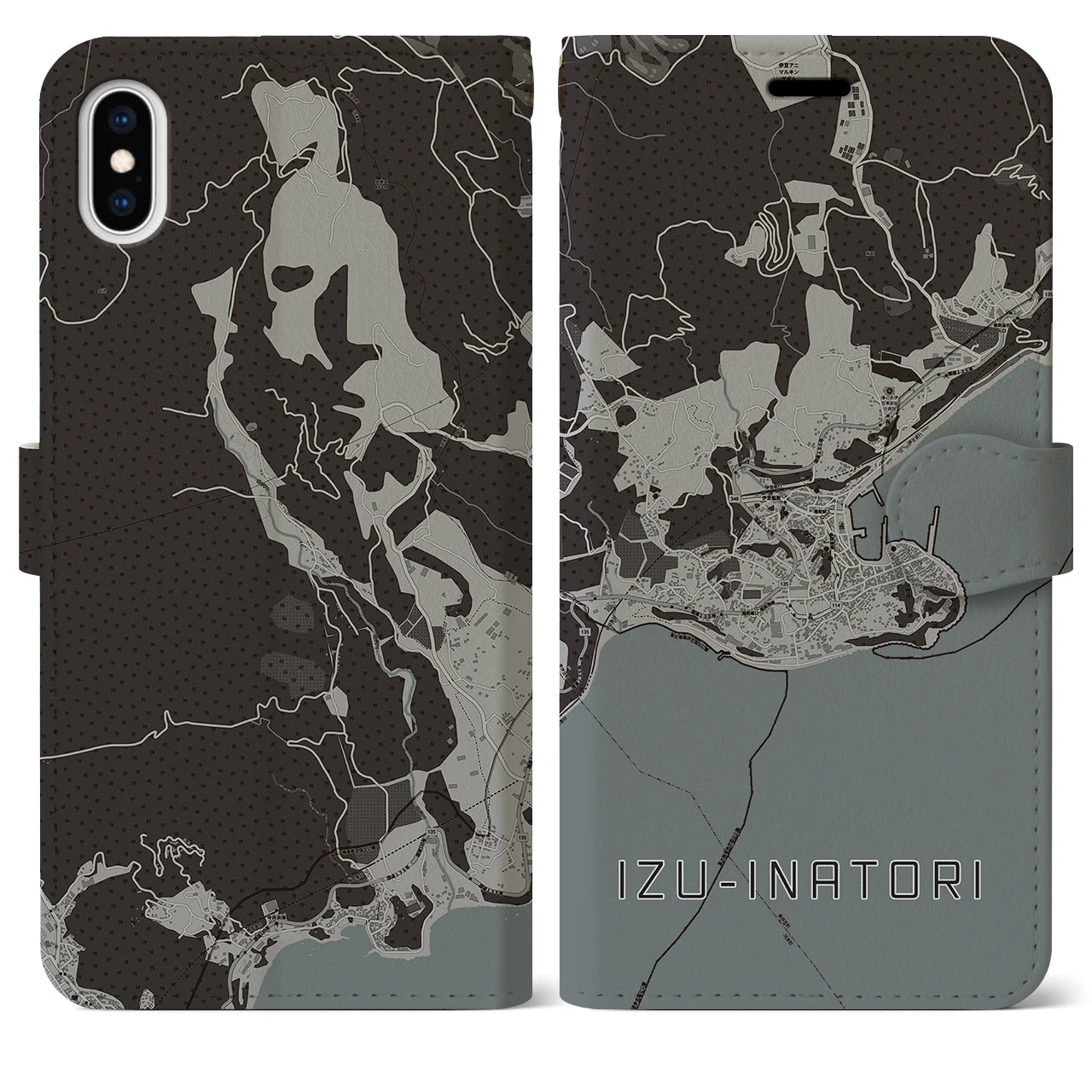 【伊豆稲取(静岡県)】地図柄iPhoneケース(手帳タイプ)モノトーン・iPhone XS Max 用
