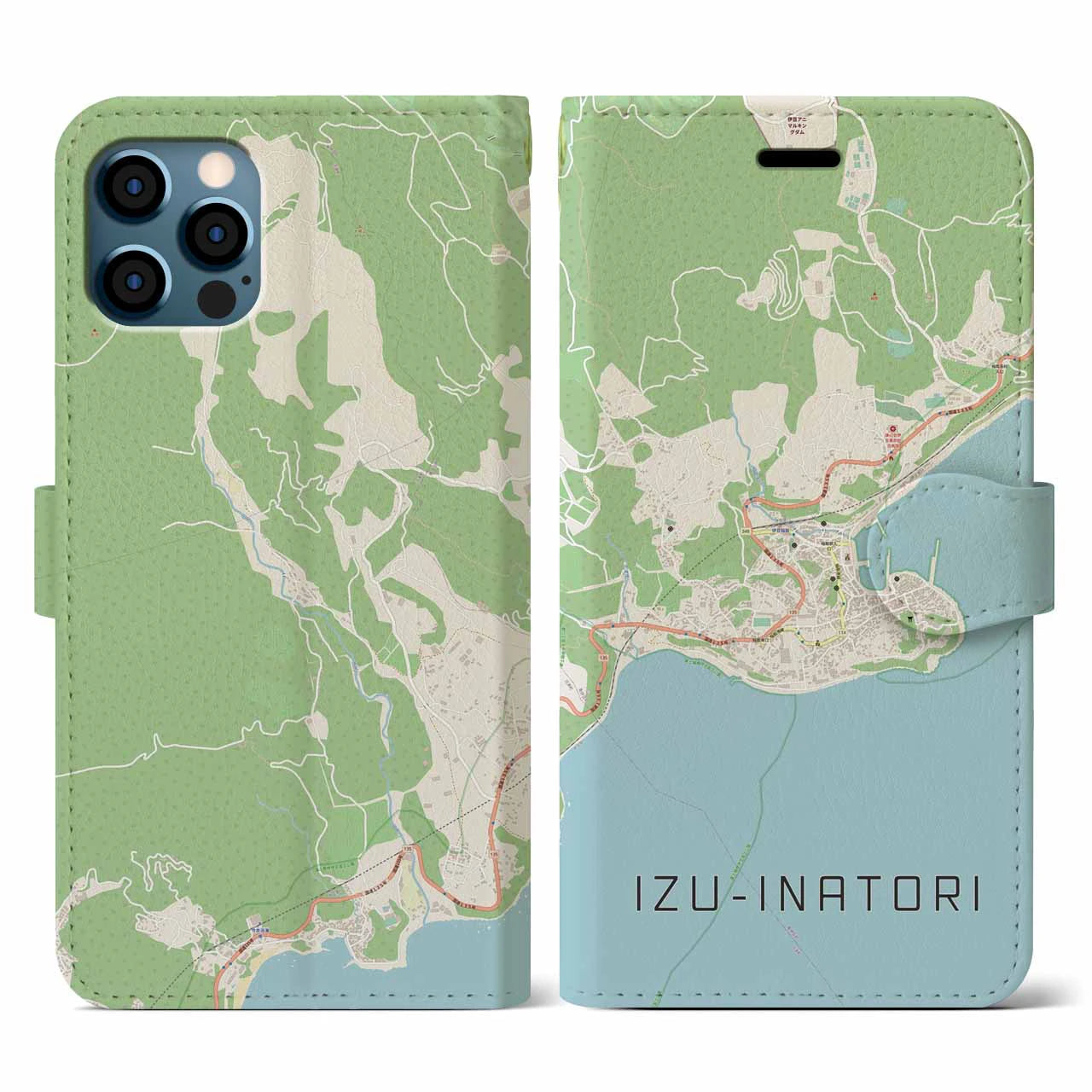 【伊豆稲取(静岡県)】地図柄iPhoneケース(手帳タイプ)ナチュラル・iPhone 12 / 12 Pro 用