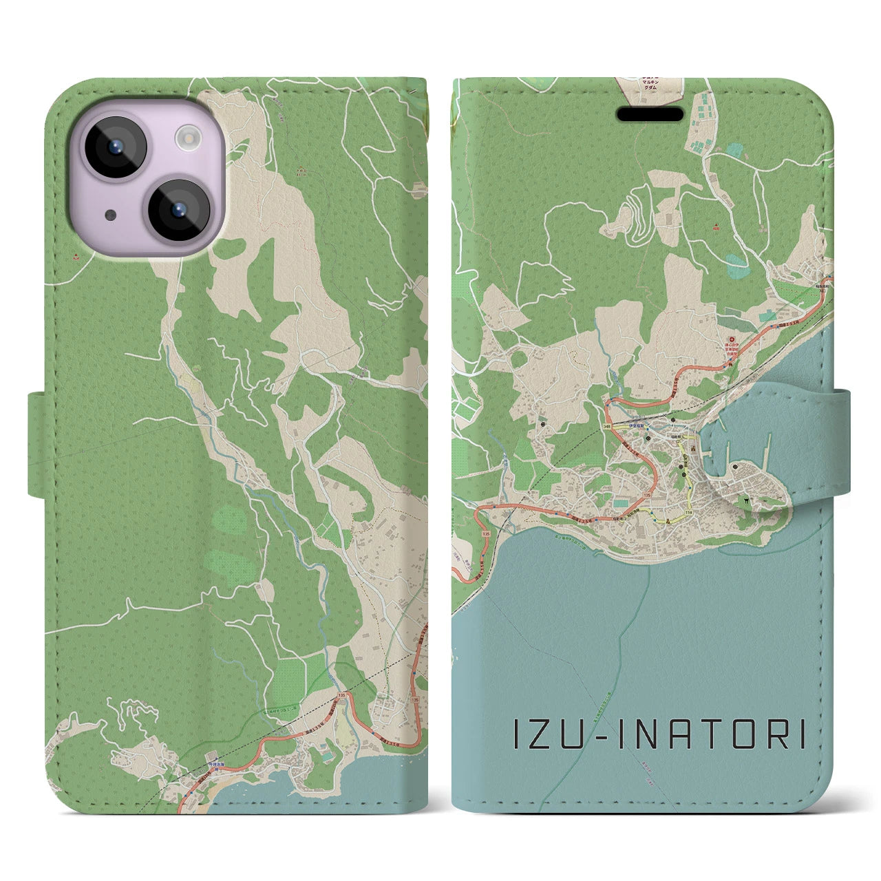 【伊豆稲取(静岡県)】地図柄iPhoneケース(手帳タイプ)ナチュラル・iPhone 14 用