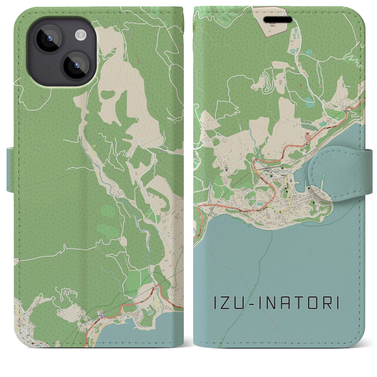 【伊豆稲取(静岡県)】地図柄iPhoneケース(手帳タイプ)ナチュラル・iPhone 14 Plus 用