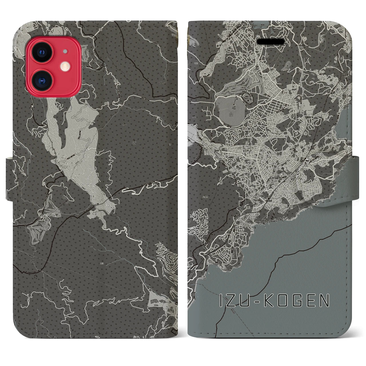 【伊豆高原(静岡県)】地図柄iPhoneケース(手帳タイプ)モノトーン・iPhone 11 用