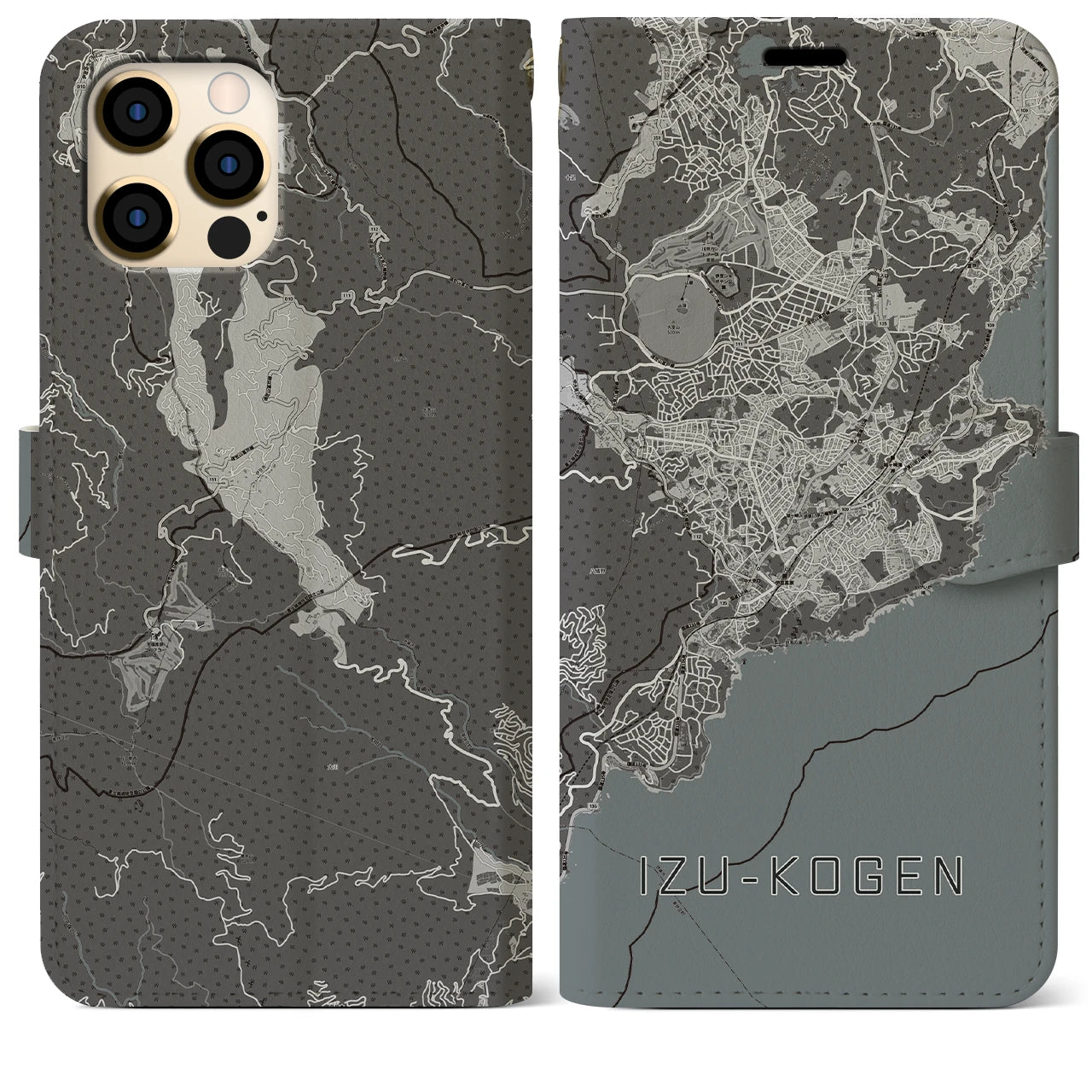 【伊豆高原(静岡県)】地図柄iPhoneケース(手帳タイプ)モノトーン・iPhone 12 Pro Max 用