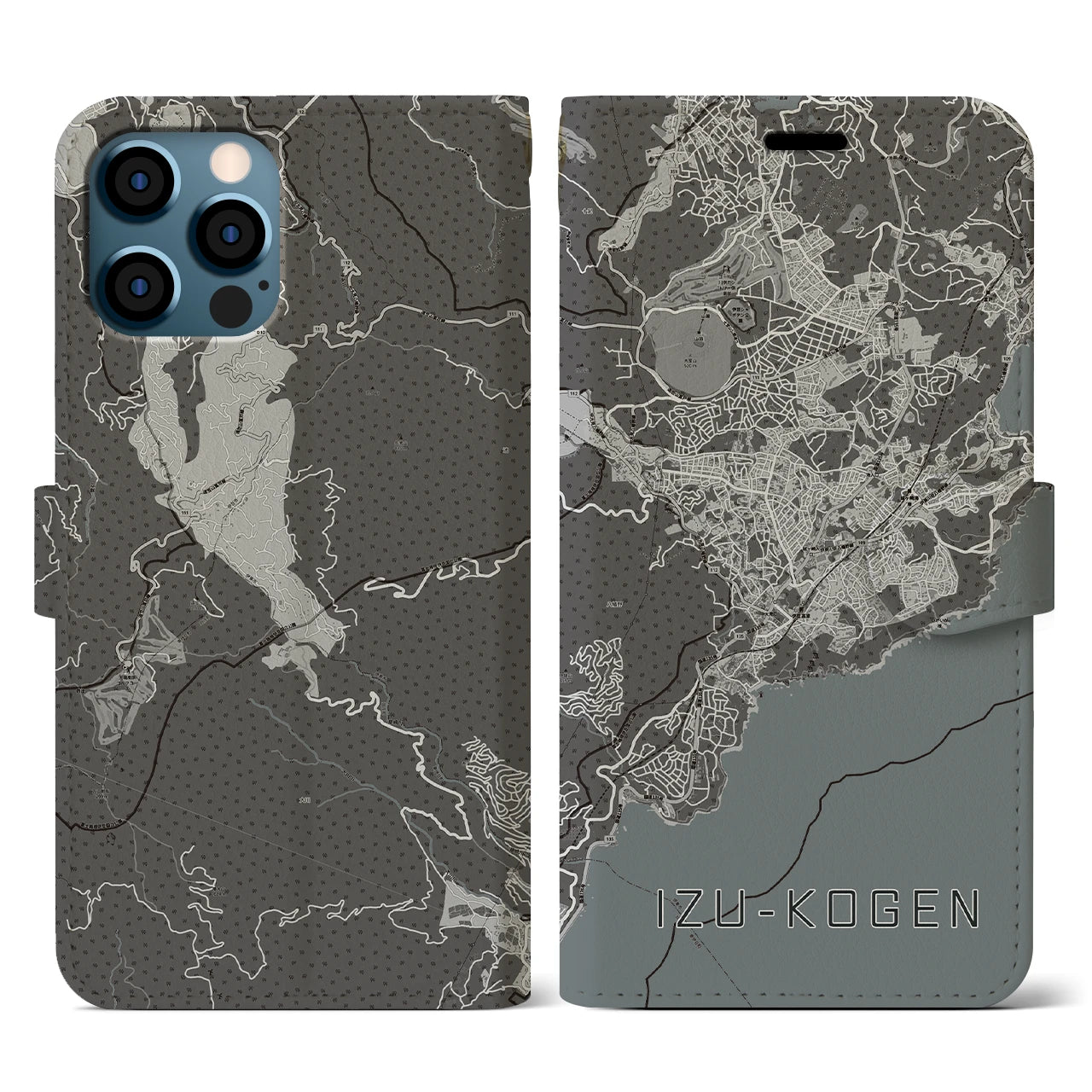 【伊豆高原(静岡県)】地図柄iPhoneケース(手帳タイプ)モノトーン・iPhone 12 / 12 Pro 用