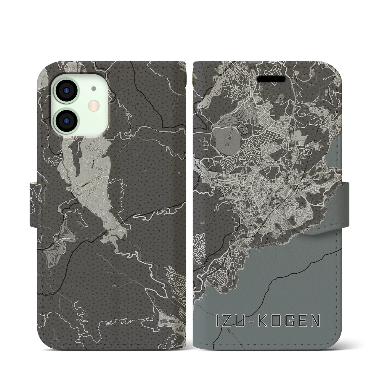 【伊豆高原(静岡県)】地図柄iPhoneケース(手帳タイプ)モノトーン・iPhone 12 mini 用