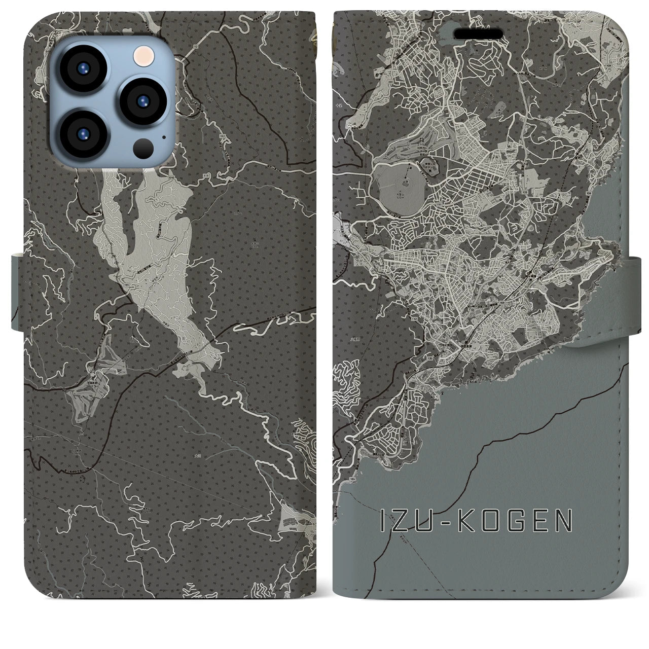 【伊豆高原(静岡県)】地図柄iPhoneケース(手帳タイプ)モノトーン・iPhone 13 Pro Max 用