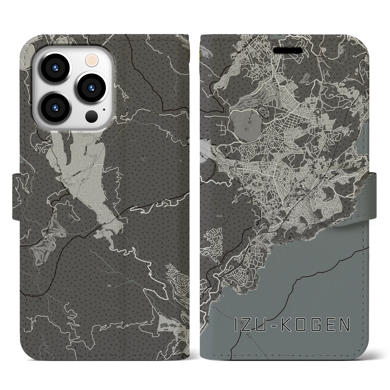 【伊豆高原(静岡県)】地図柄iPhoneケース(手帳タイプ)モノトーン・iPhone 13 Pro 用