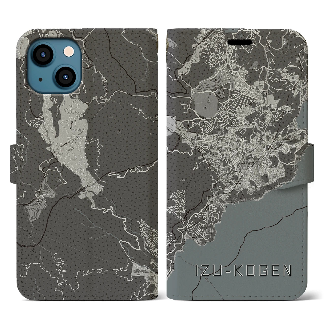 【伊豆高原(静岡県)】地図柄iPhoneケース(手帳タイプ)モノトーン・iPhone 13 用