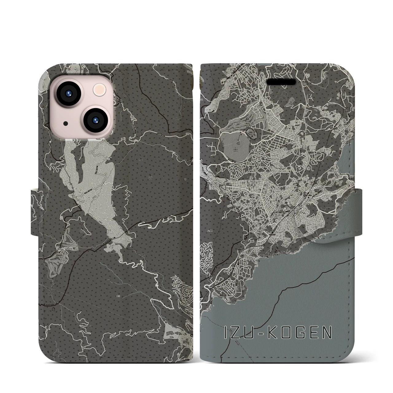 【伊豆高原(静岡県)】地図柄iPhoneケース(手帳タイプ)モノトーン・iPhone 13 mini 用