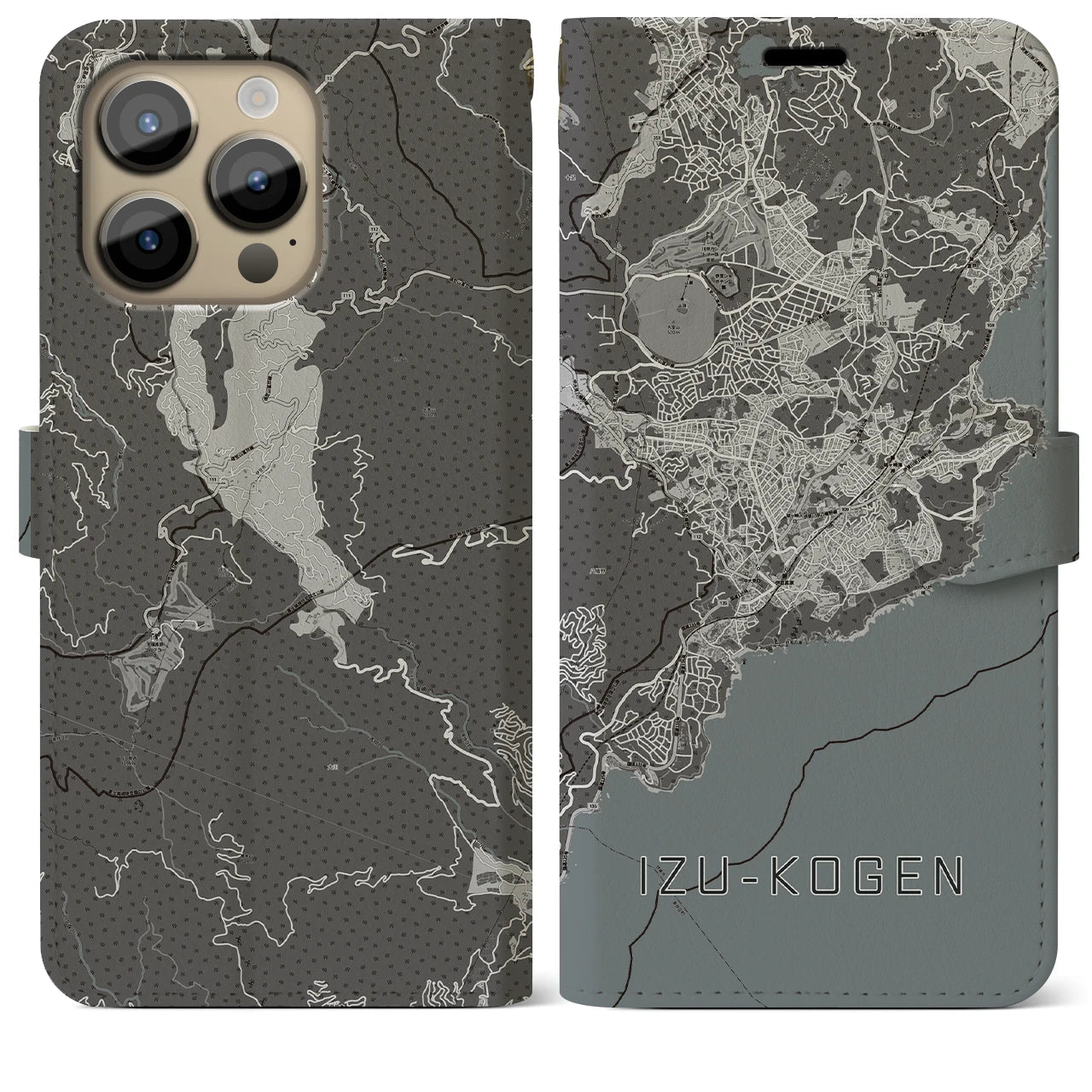 【伊豆高原(静岡県)】地図柄iPhoneケース(手帳タイプ)モノトーン・iPhone 14 Pro Max 用