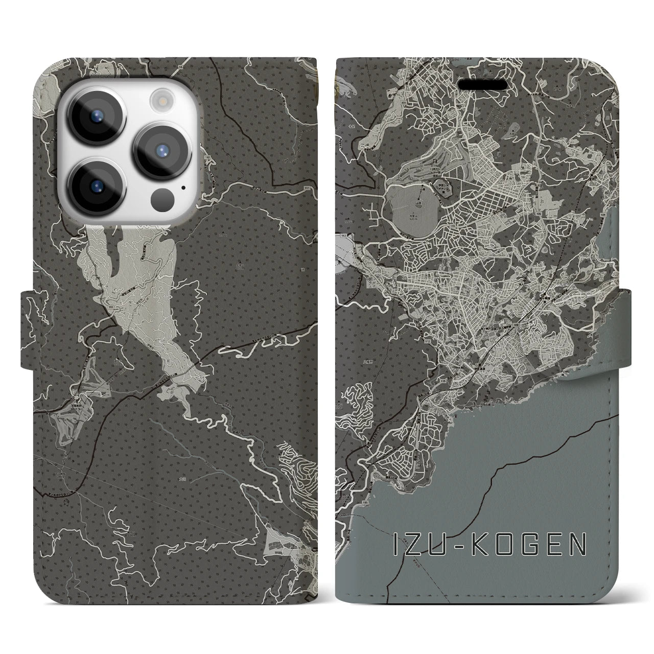 【伊豆高原(静岡県)】地図柄iPhoneケース(手帳タイプ)モノトーン・iPhone 14 Pro 用