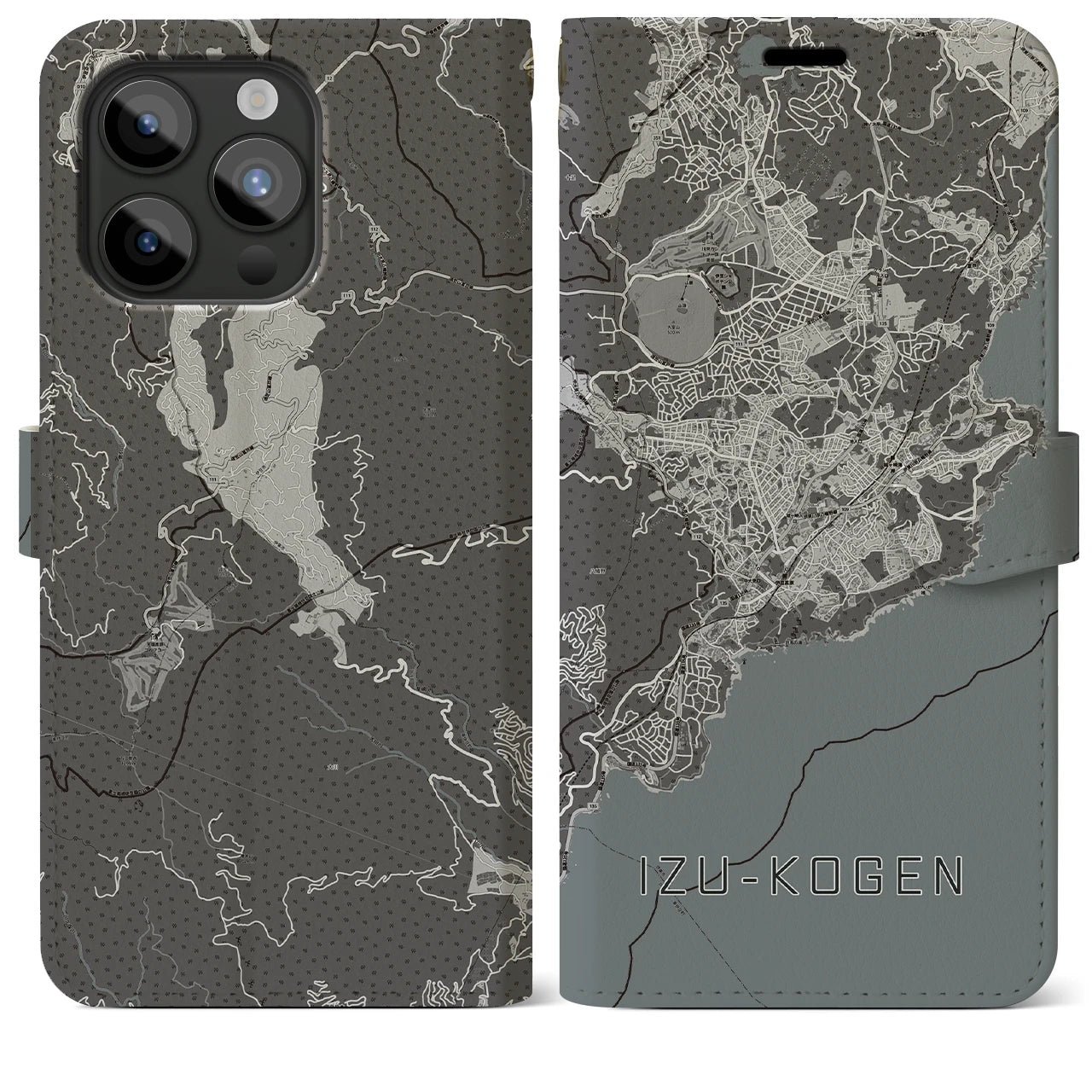 【伊豆高原(静岡県)】地図柄iPhoneケース(手帳タイプ)モノトーン・iPhone 15 Pro Max 用