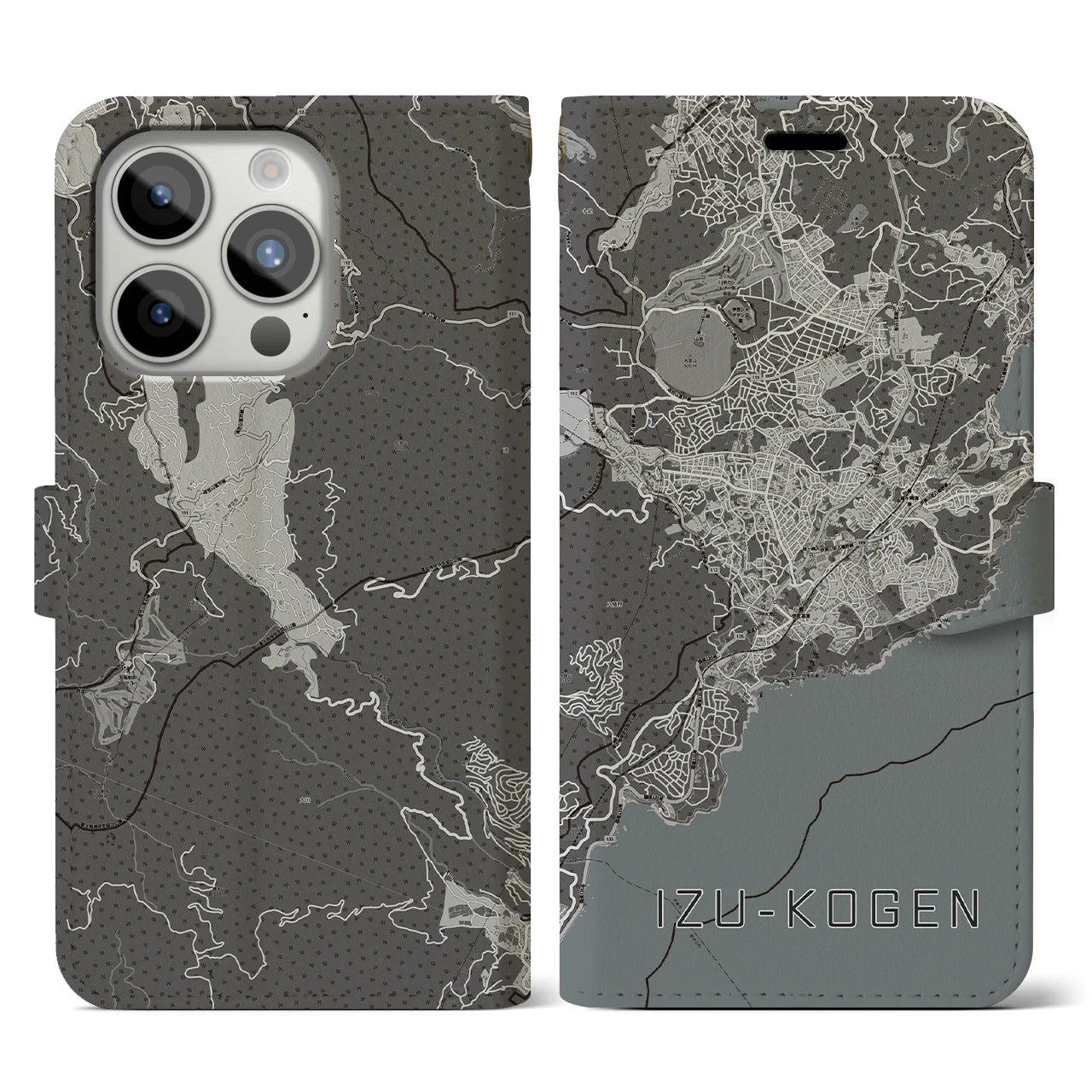 【伊豆高原(静岡県)】地図柄iPhoneケース(手帳タイプ)モノトーン・iPhone 15 Pro 用