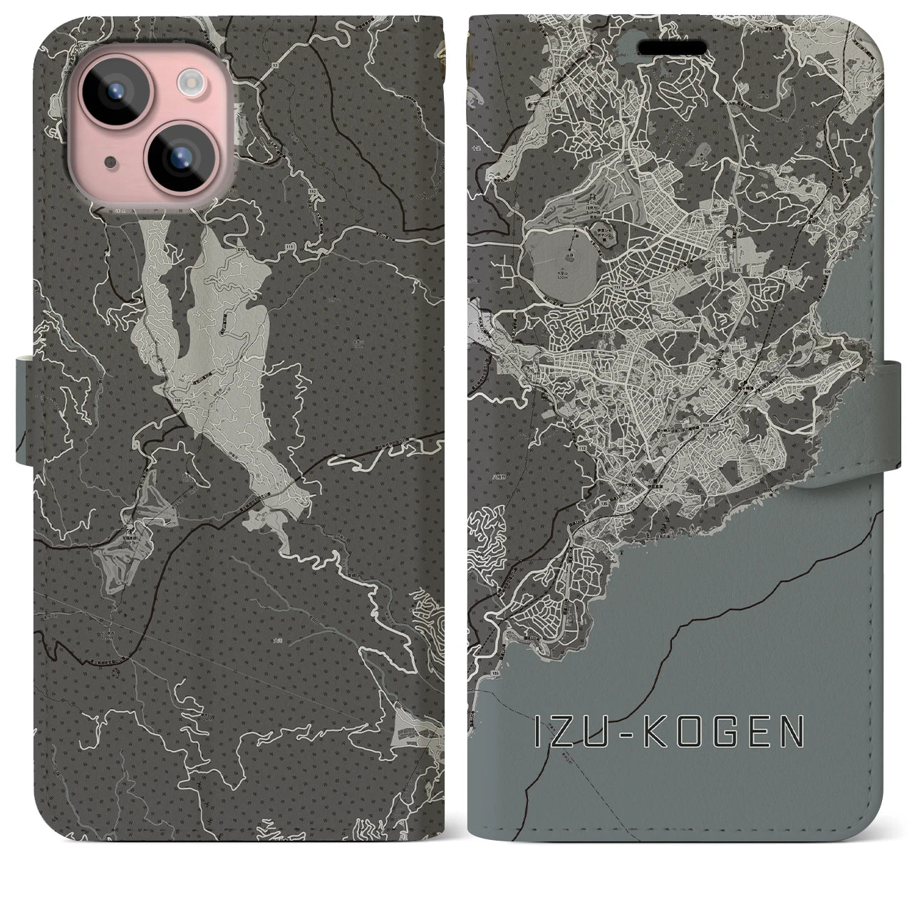 【伊豆高原(静岡県)】地図柄iPhoneケース(手帳タイプ)モノトーン・iPhone 15 Plus 用