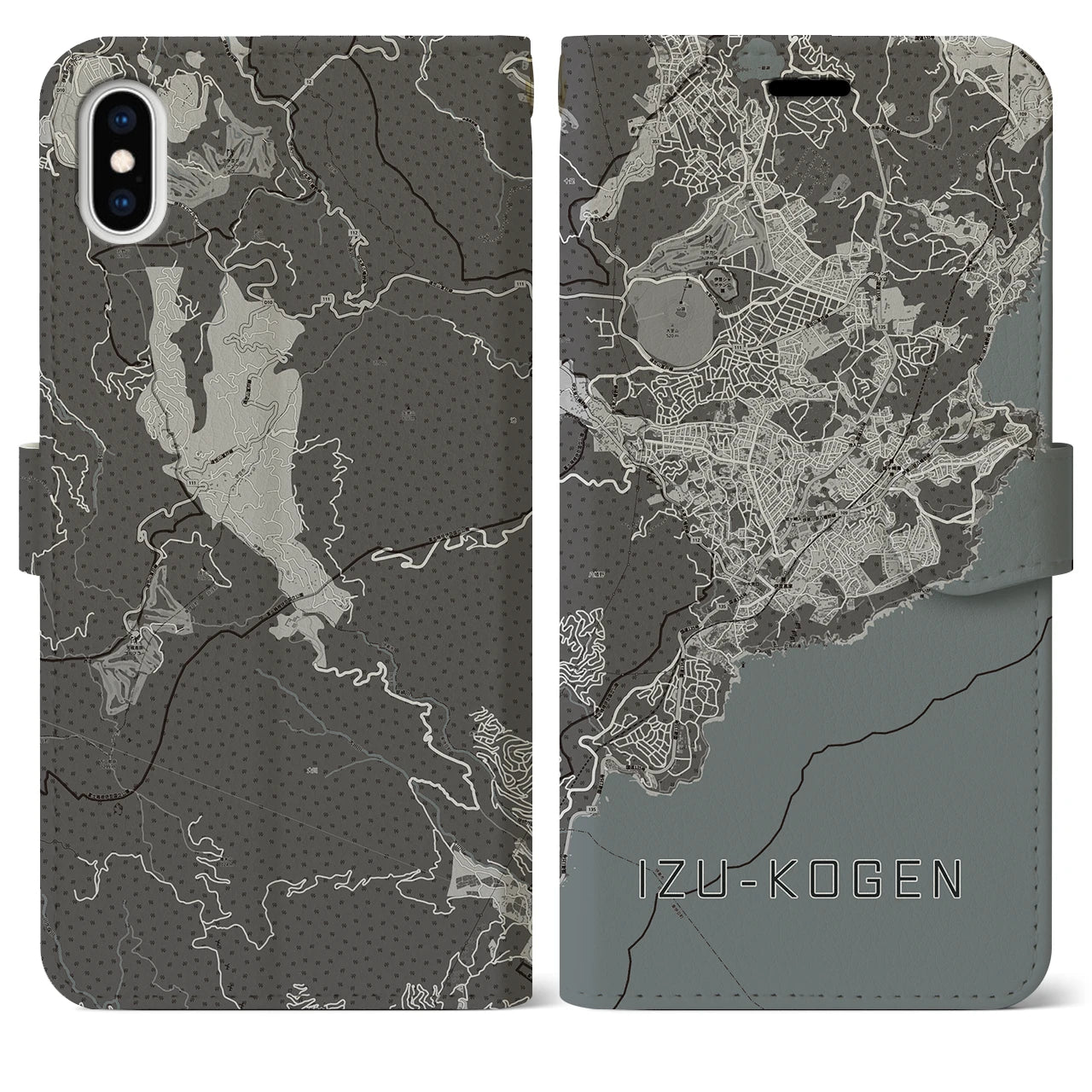 【伊豆高原(静岡県)】地図柄iPhoneケース(手帳タイプ)モノトーン・iPhone XS Max 用