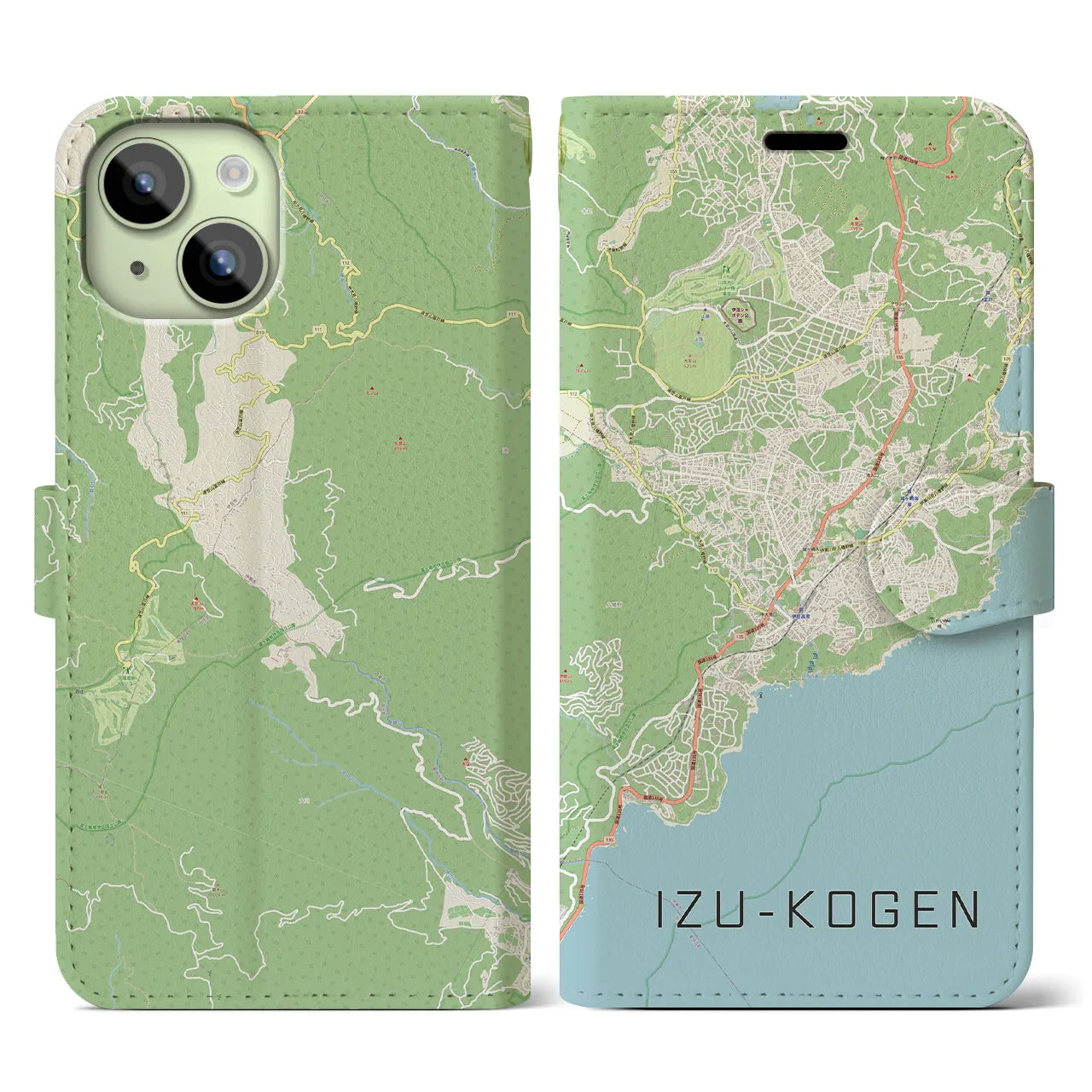 【伊豆高原(静岡県)】地図柄iPhoneケース(手帳タイプ)ナチュラル・iPhone 15 用