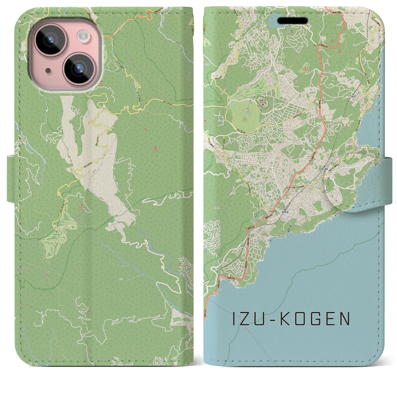 【伊豆高原(静岡県)】地図柄iPhoneケース(手帳タイプ)ナチュラル・iPhone 15 Plus 用