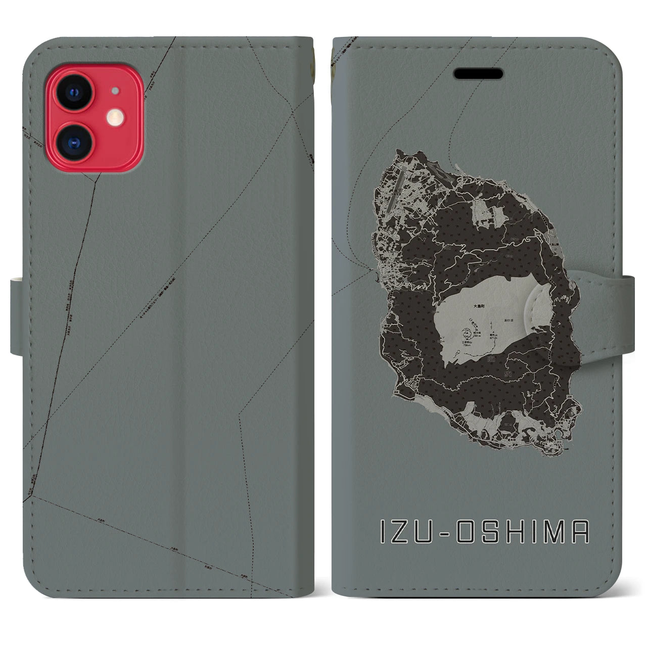 【伊豆大島(東京都)】地図柄iPhoneケース(手帳タイプ)モノトーン・iPhone 11 用
