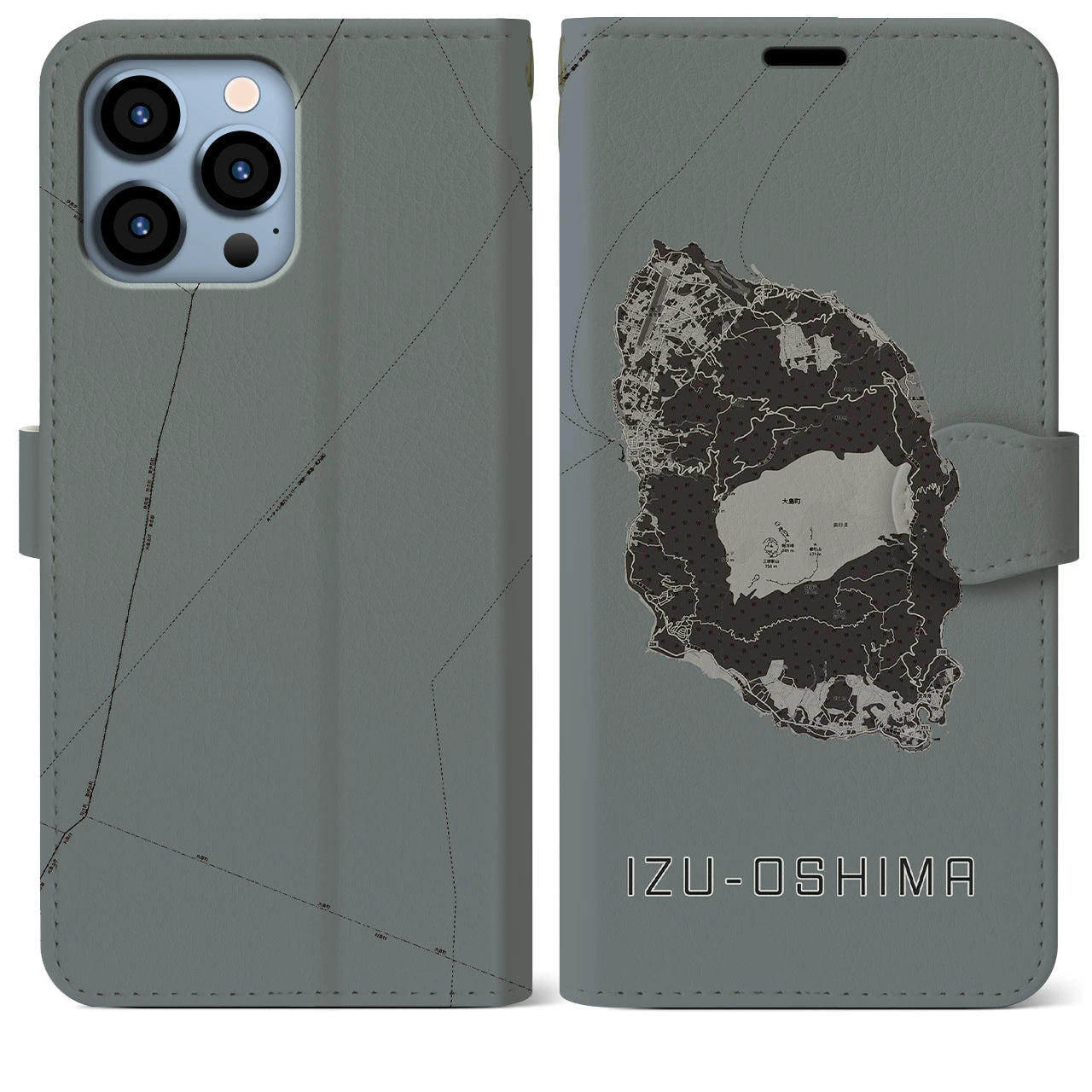【伊豆大島(東京都)】地図柄iPhoneケース(手帳タイプ)モノトーン・iPhone 13 Pro Max 用