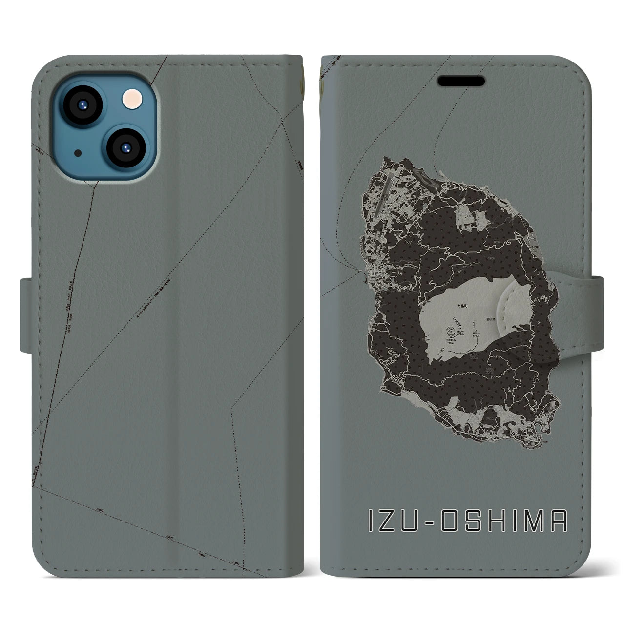 【伊豆大島(東京都)】地図柄iPhoneケース(手帳タイプ)モノトーン・iPhone 13 用