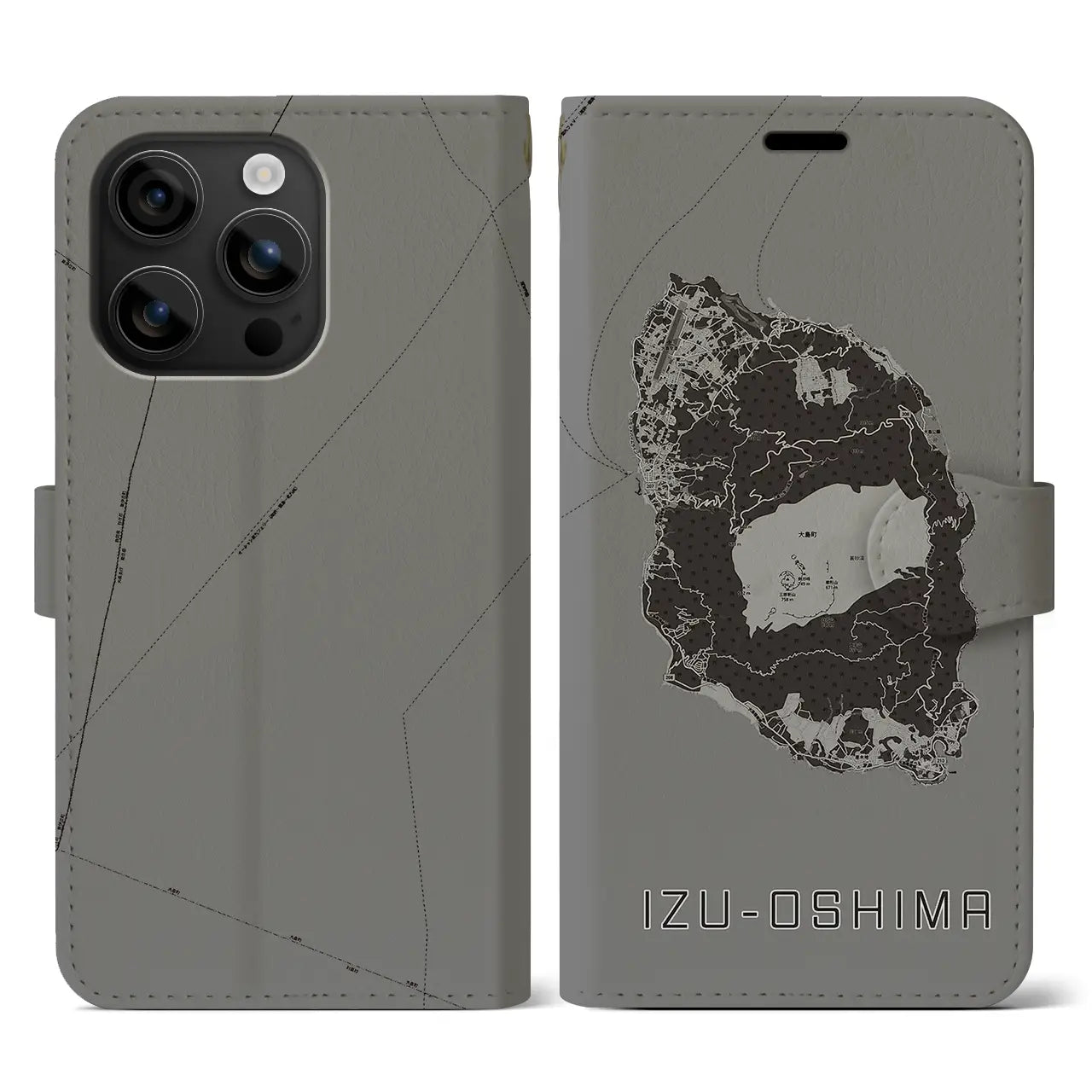 【伊豆大島(東京都)】地図柄iPhoneケース(手帳タイプ)モノトーン・iPhone 16 用