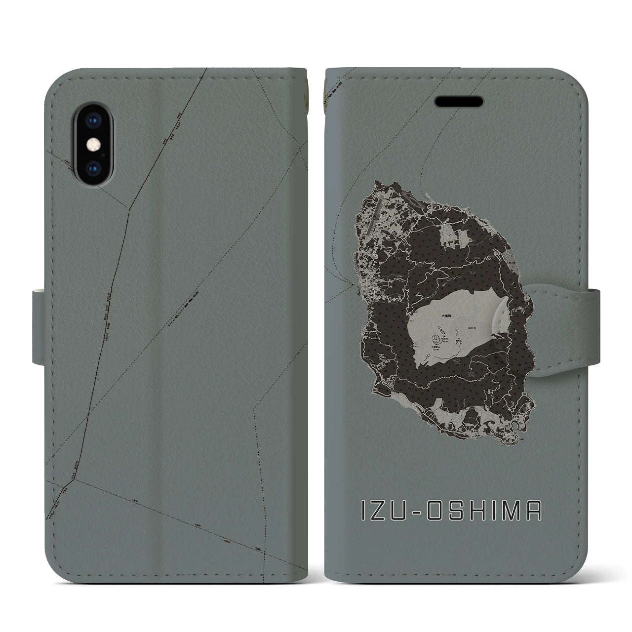 【伊豆大島(東京都)】地図柄iPhoneケース(手帳タイプ)モノトーン・iPhone XS / X 用