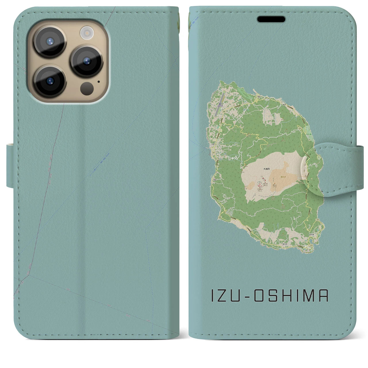 【伊豆大島(東京都)】地図柄iPhoneケース(手帳タイプ)ナチュラル・iPhone 14 Pro Max 用