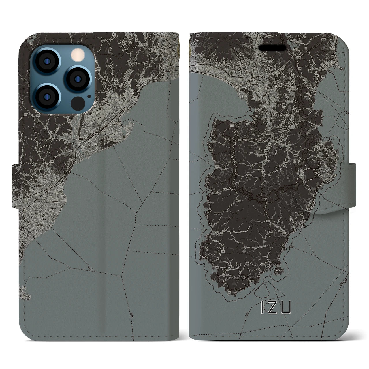 【伊豆2(静岡県)】地図柄iPhoneケース(手帳タイプ)モノトーン・iPhone 12 / 12 Pro 用