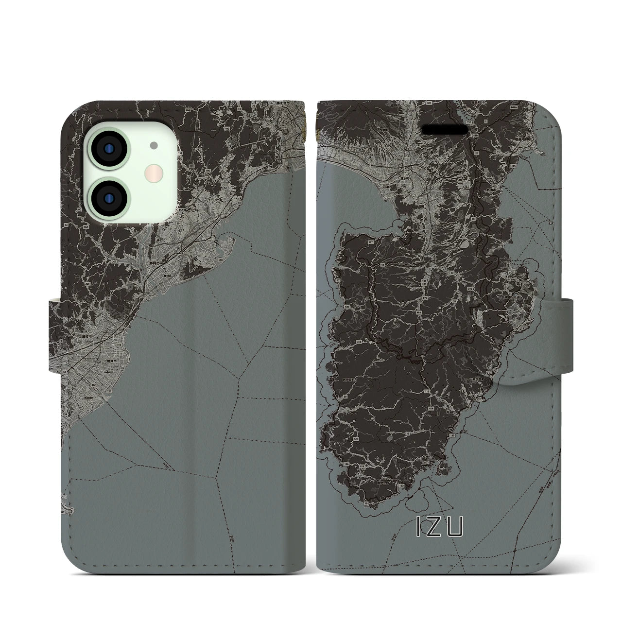 【伊豆2(静岡県)】地図柄iPhoneケース(手帳タイプ)モノトーン・iPhone 12 mini 用