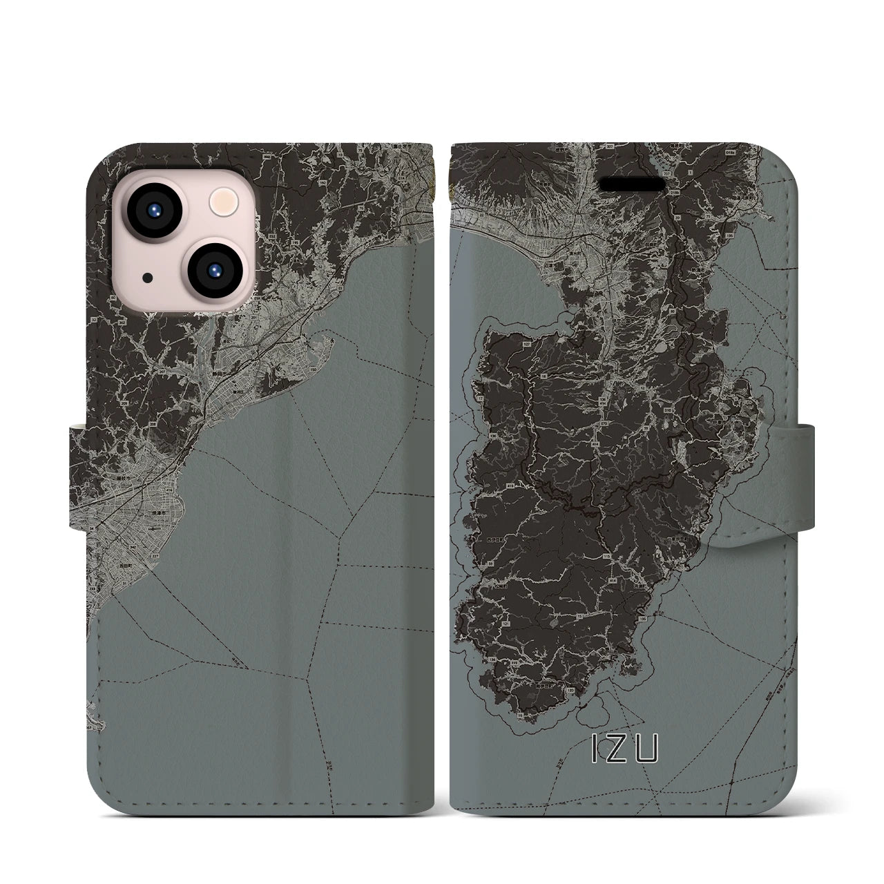 【伊豆2(静岡県)】地図柄iPhoneケース(手帳タイプ)モノトーン・iPhone 13 mini 用