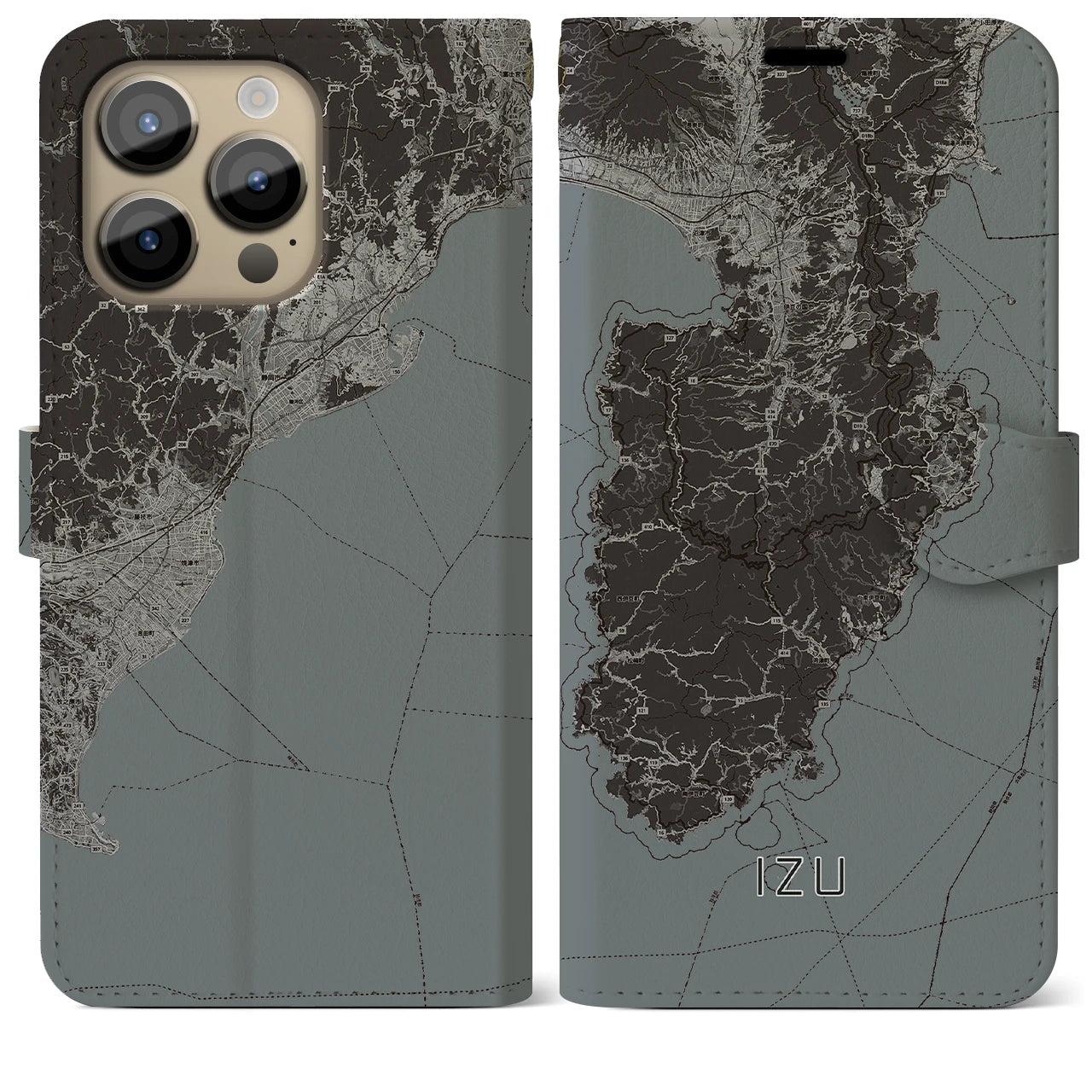 【伊豆2(静岡県)】地図柄iPhoneケース(手帳タイプ)モノトーン・iPhone 14 Pro Max 用