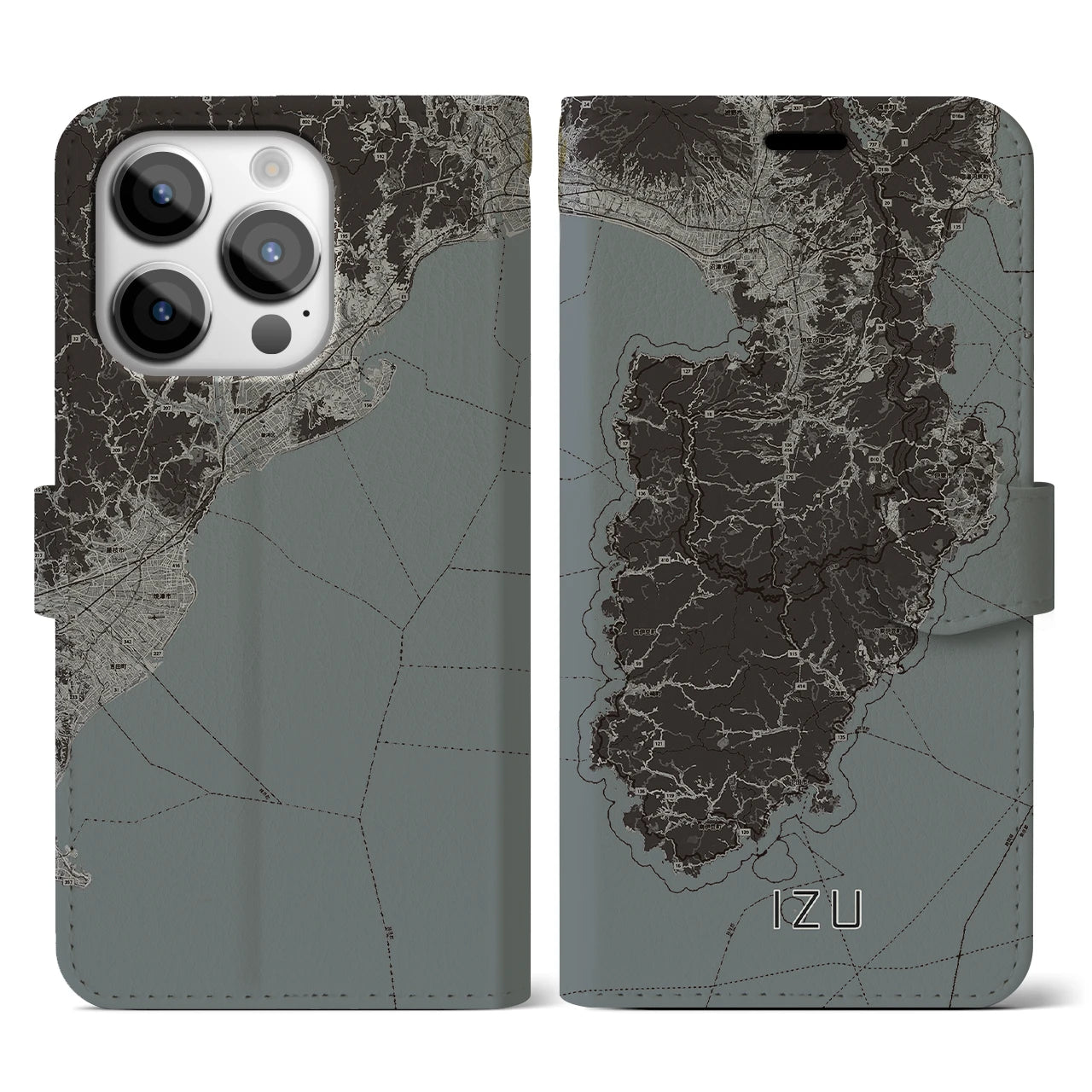【伊豆2(静岡県)】地図柄iPhoneケース(手帳タイプ)モノトーン・iPhone 14 Pro 用
