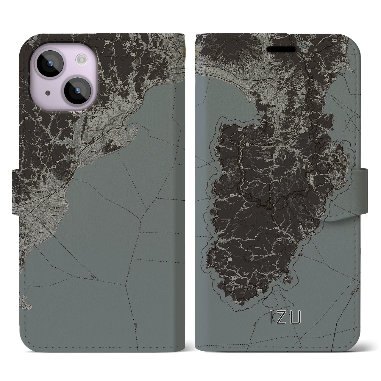 【伊豆2(静岡県)】地図柄iPhoneケース(手帳タイプ)モノトーン・iPhone 14 用