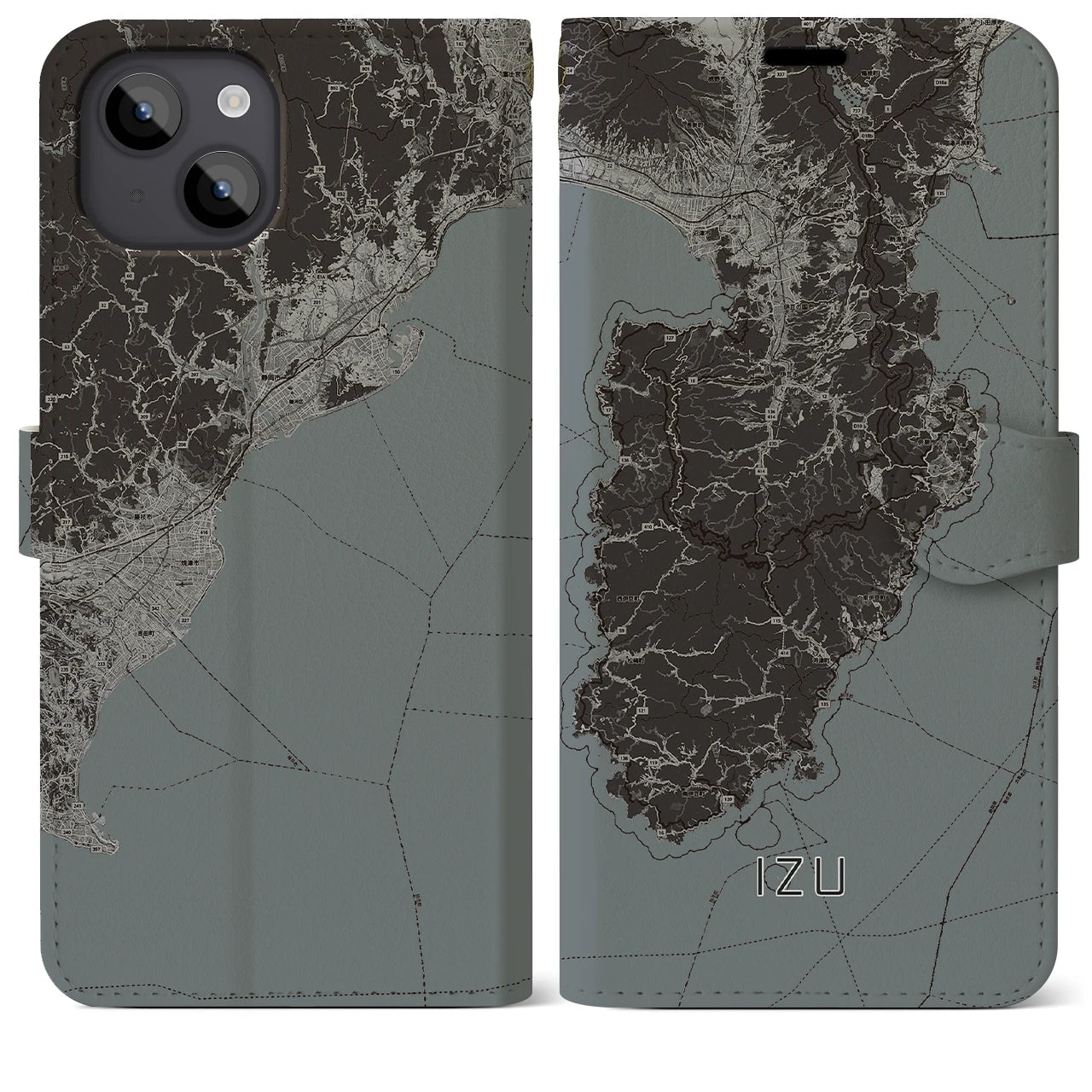 【伊豆2(静岡県)】地図柄iPhoneケース(手帳タイプ)モノトーン・iPhone 14 Plus 用