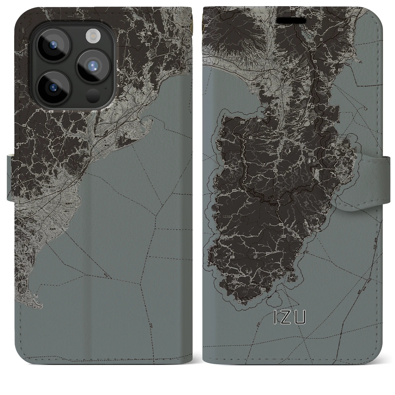 【伊豆2(静岡県)】地図柄iPhoneケース(手帳タイプ)モノトーン・iPhone 15 Pro Max 用