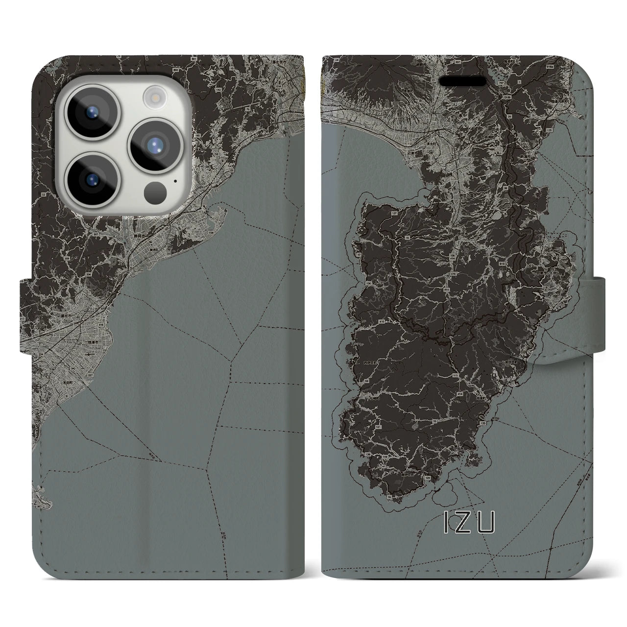 【伊豆2(静岡県)】地図柄iPhoneケース(手帳タイプ)モノトーン・iPhone 15 Pro 用