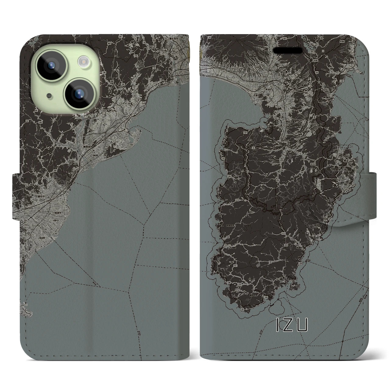 【伊豆2(静岡県)】地図柄iPhoneケース(手帳タイプ)モノトーン・iPhone 15 用