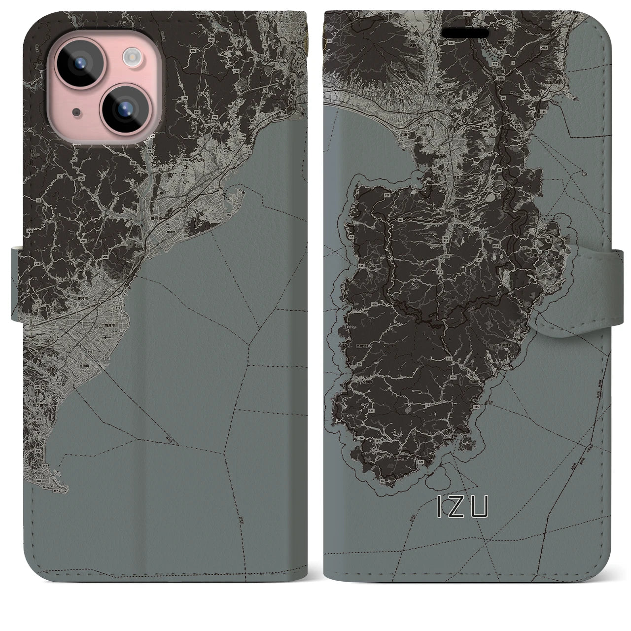 【伊豆2(静岡県)】地図柄iPhoneケース(手帳タイプ)モノトーン・iPhone 15 Plus 用